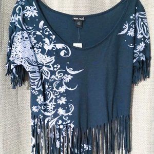 Fringe Low Scooped Neck, Relaxed Fit Crop Top